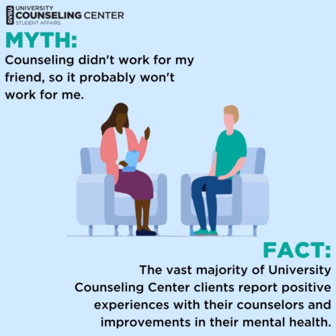 Illustration of two people seated discussing. Text reads: "Myth: Counseling didn’t work for my friend." "Fact: Most clients report positive experiences."